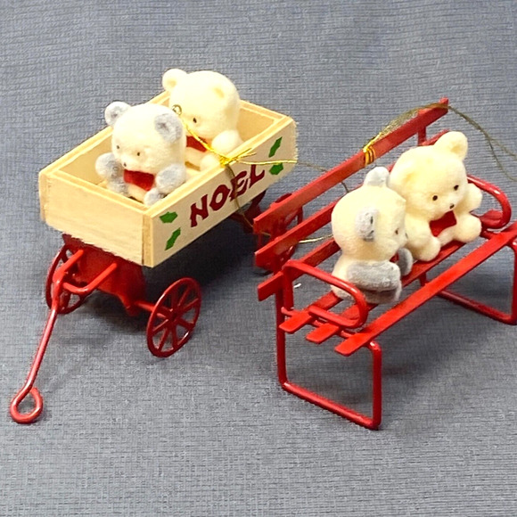 VTG Avon Flocked Christmas Ornaments Teddies in Wagon Teddy Bear on Bench NOEL - Picture 2 of 12